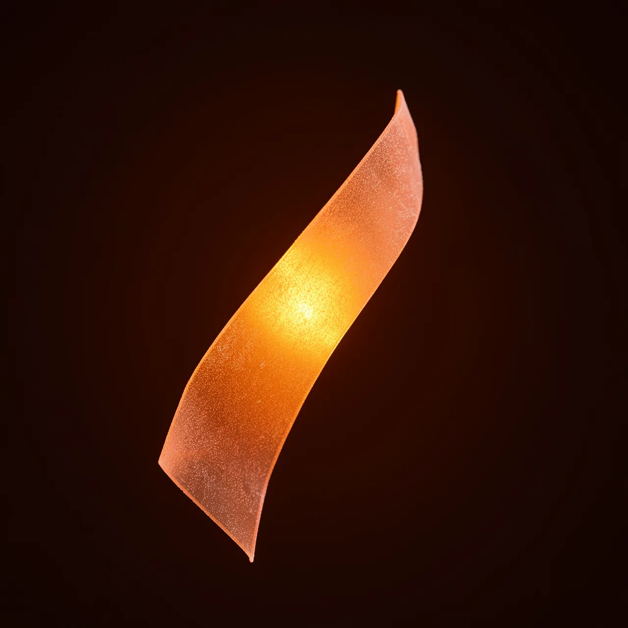 A frosted translucent orange ribbon glows from within against a dark warm background