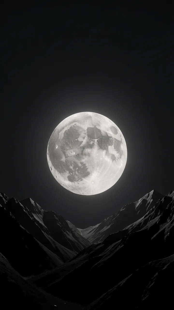 A large glowing full moon hangs over dark jagged mountain peaks against a deep black night sky