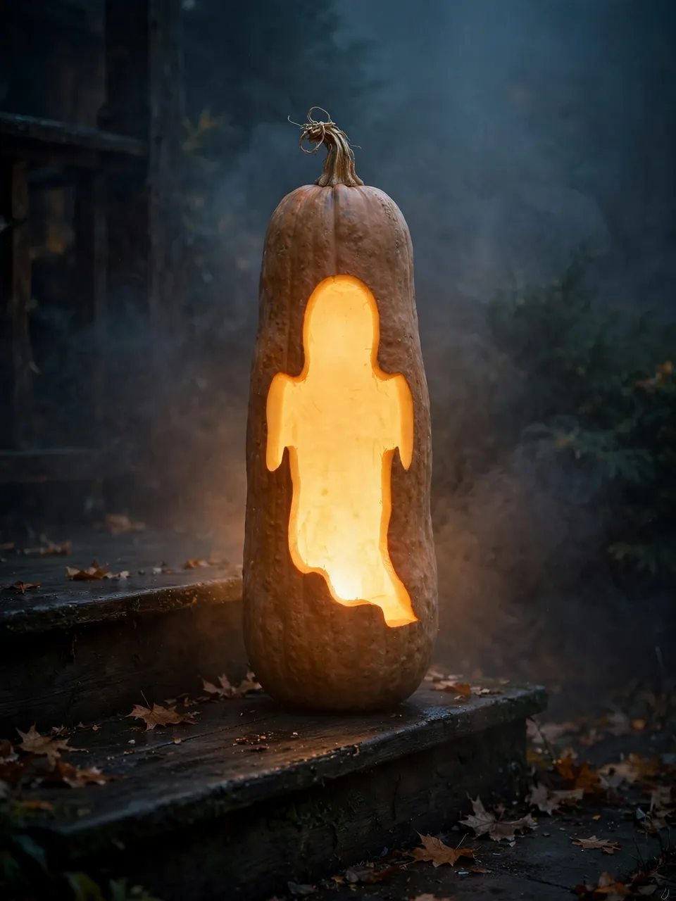 A tall pumpkin carved with a ghost silhouette glows warmly on a foggy wooden porch step