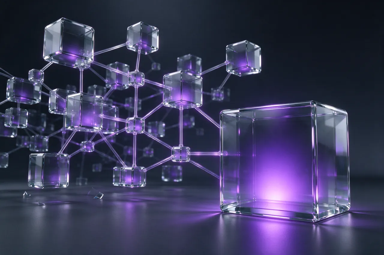 3D render of an abstract lattice of clear glass cubes lit internally with soft violet light against a dark background