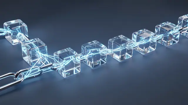 3D render of linked clear glass cubes connected by glowing light strands on a dark blue background