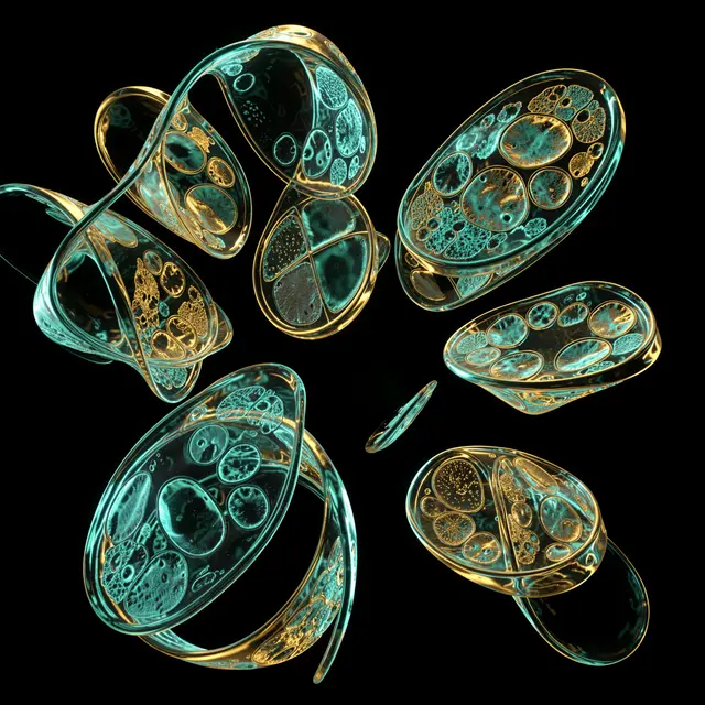 Floating translucent teal and gold glass diatom forms arranged against a solid black background