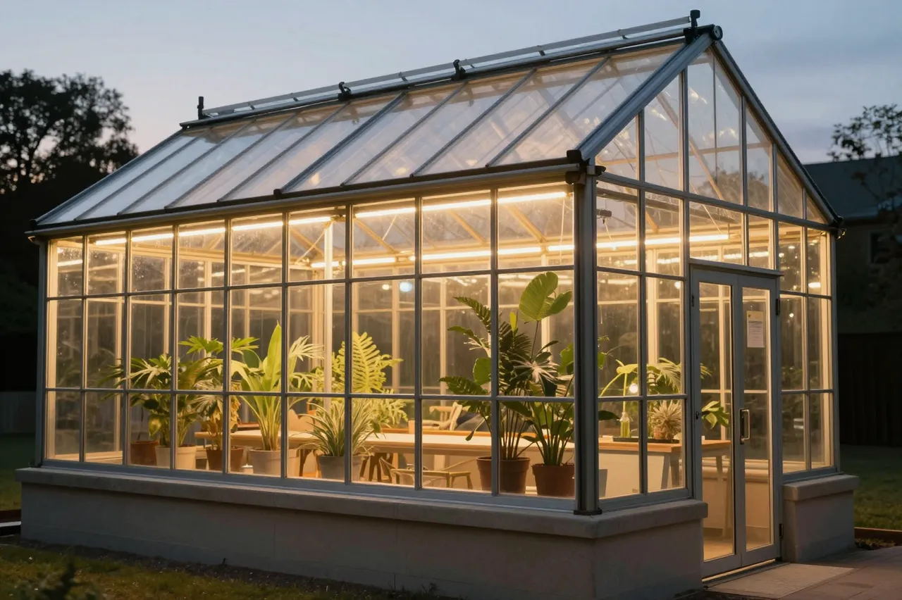 A glass greenhouse lit by warm interior grow lights sits in a garden at twilight