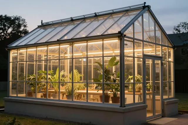 A glass greenhouse lit by warm interior grow lights sits in a garden at twilight