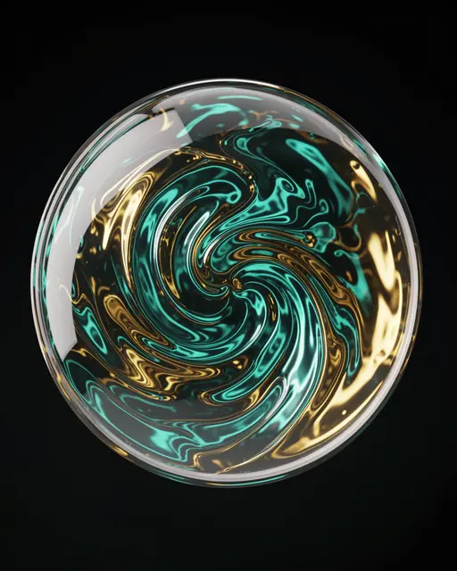 A clear glass sphere holds a swirling glowing teal and gold liquid spiral against a black background