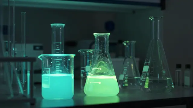 Lab beakers and flasks holding glowing cyan and green liquid sit on a dark laboratory counter under ultraviolet light