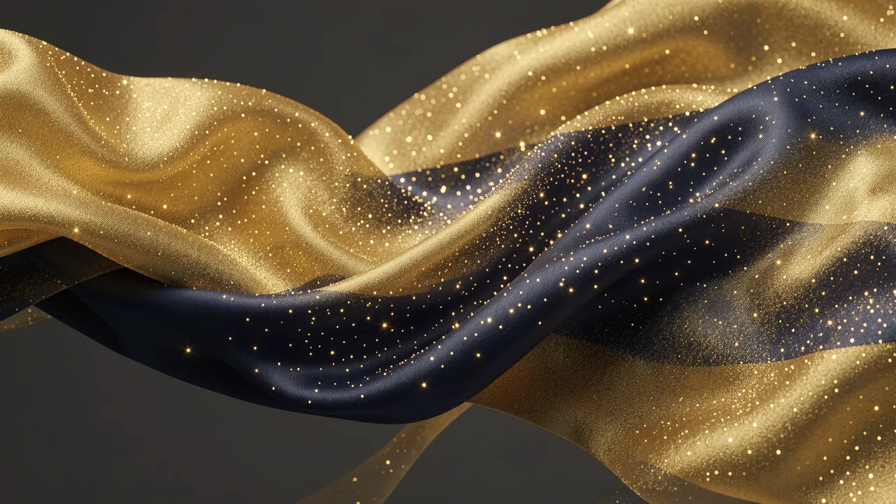 Flowing folded navy and gold silk fabric dusted with glowing light particles against a dark background
