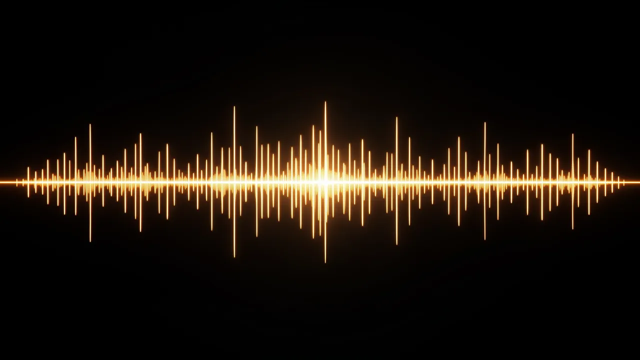 Bright glowing golden audio waveform with a symmetrical reflection against a solid black background