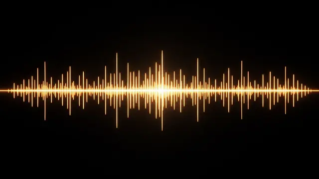 Bright glowing golden audio waveform with a symmetrical reflection against a solid black background