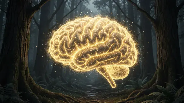 A luminous golden brain-shaped glowing particle formation floats in a dark misty forest