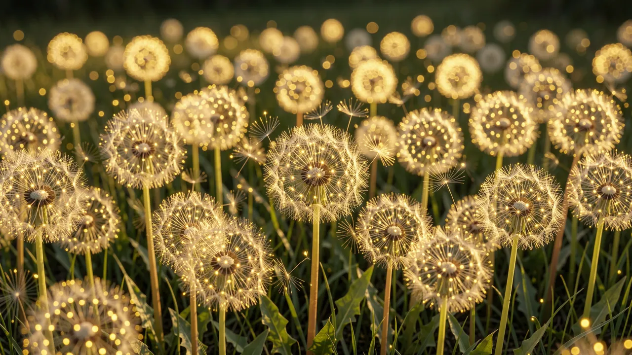 A field of dandelions with seed heads dotted by tiny glowing golden light nodes against soft dark green foliage