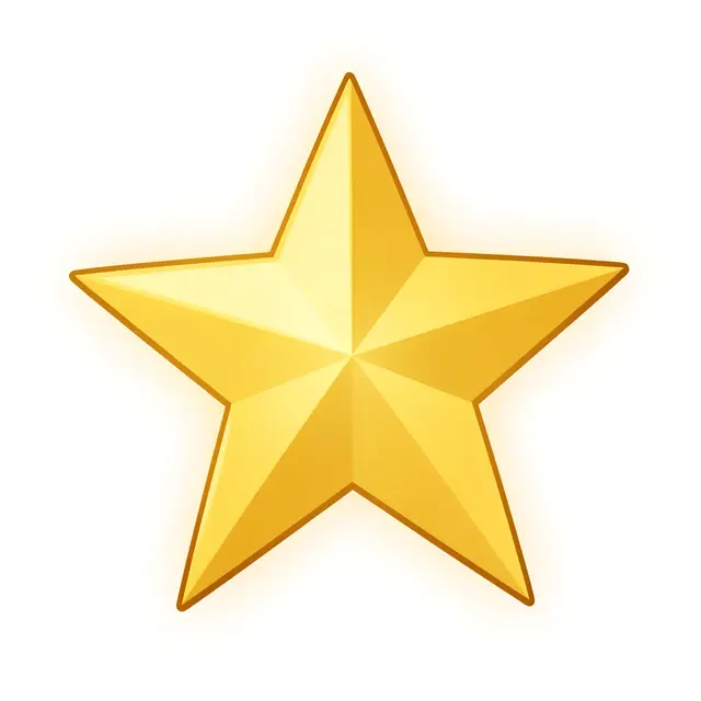 Shiny golden five-pointed star with a soft glow, isolated on a plain white background