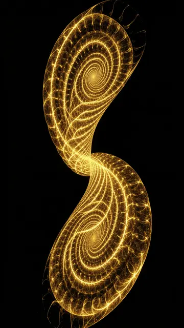 A vertical glowing golden fractal infinity spiral rendered against a solid black background