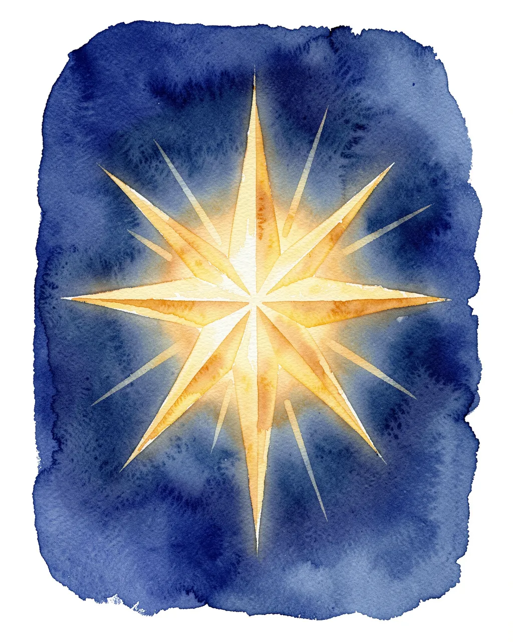 A glowing golden eight-pointed star with soft rays sits on a textured deep blue watercolor wash background