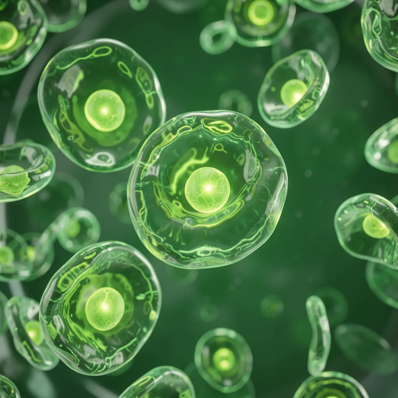 Translucent green cells with glowing central nuclei float suspended in dark green liquid