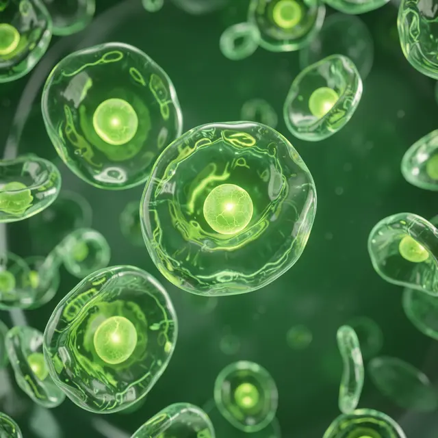 Translucent green cells with glowing central nuclei float suspended in dark green liquid