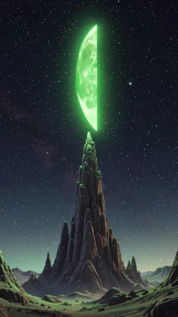 A glowing vertical green crescent moon hangs directly above a tall rock spire under a star-filled alien night sky.