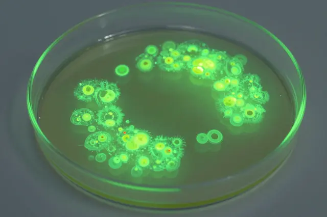 A glass petri dish holds glowing green microbial colonies under ultraviolet light