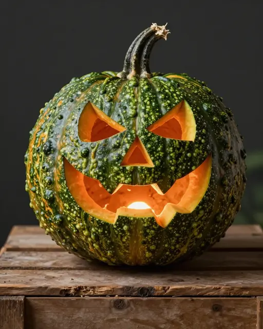 A lit carved warty green pumpkin rests on a rustic wooden crate against a dark background.