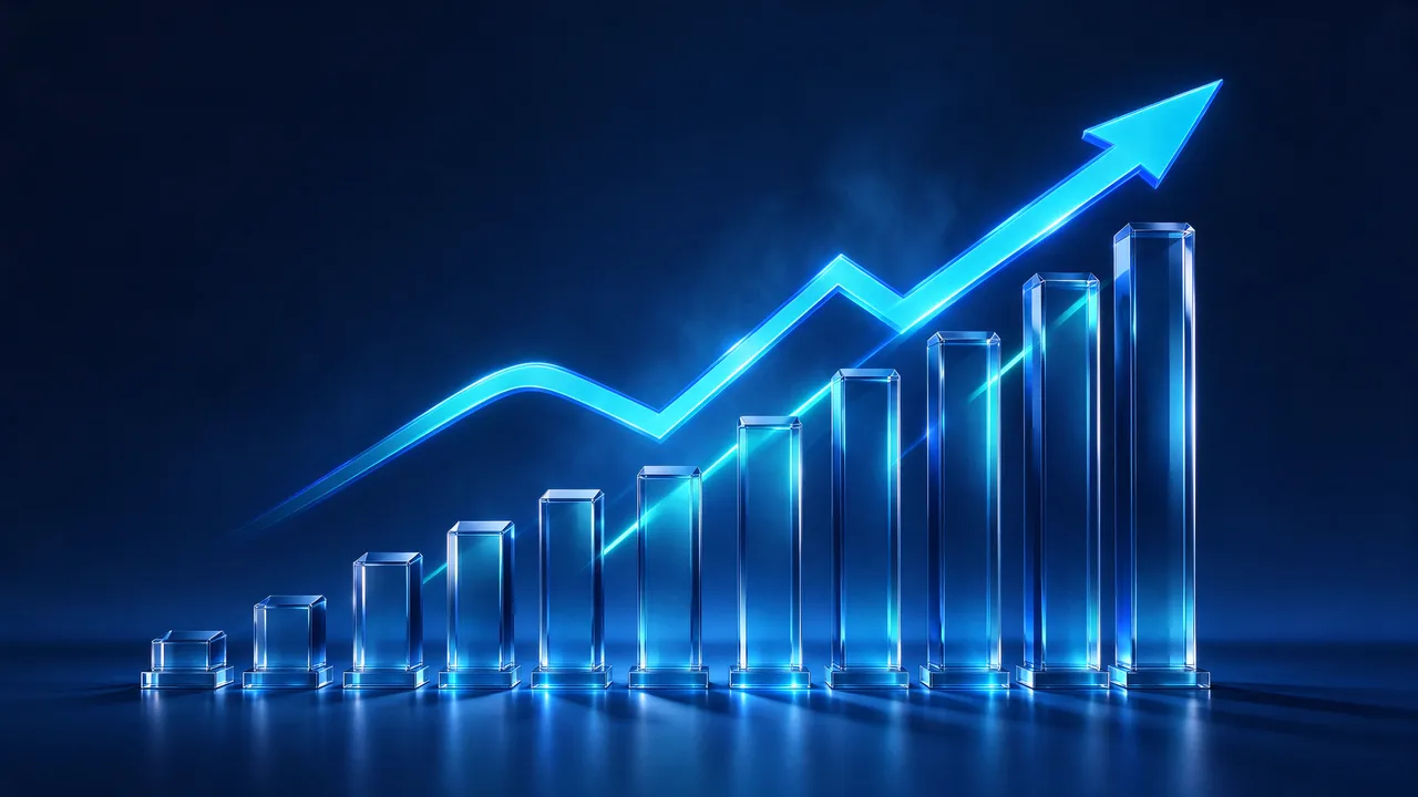 Translucent glass bar graph rising left to right with a glowing upward arrow on a dark navy background