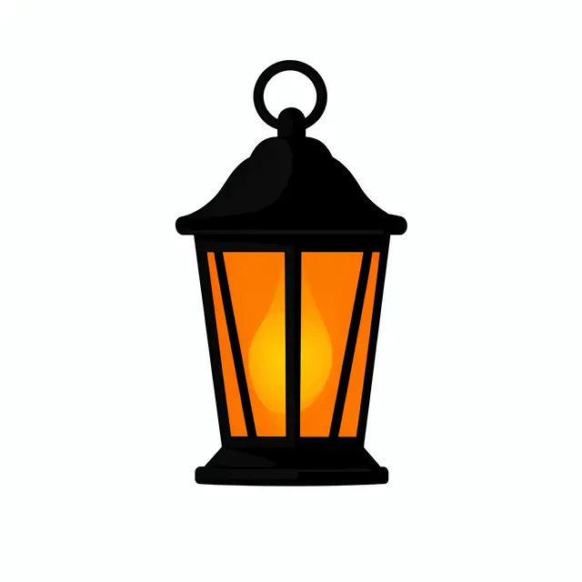 Flat clipart illustration of a glowing orange black iron lantern isolated on a plain white background