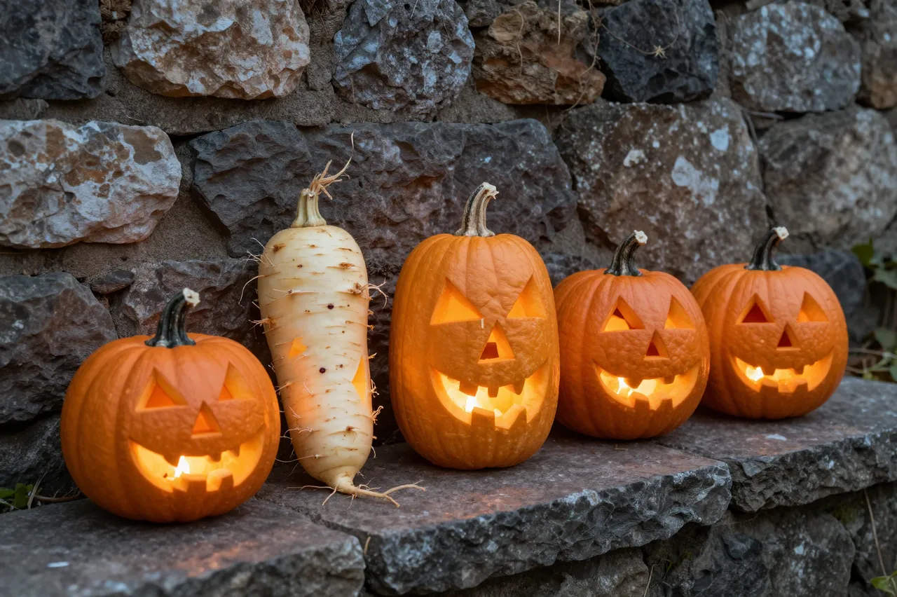 Lit carved jack-o'-lanterns and a carved turnip sit in a row on an old weathered stone ledge for Halloween
