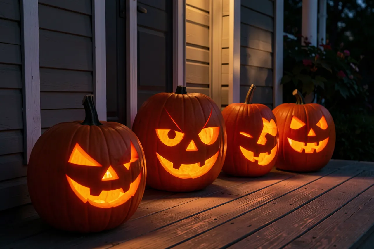 Four lit carved jack-o'-lanterns sit in a row on a wooden house porch at night