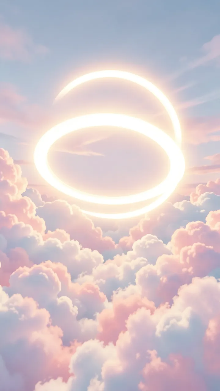 Twin glowing golden halo rings float above fluffy pink and pale blue pastel clouds