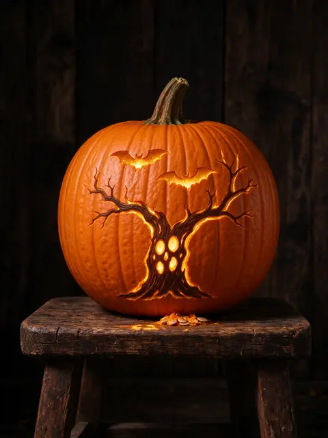 Illuminated jack-o'-lantern carved with a gnarled haunted tree and two bats sits on an old wooden stool against dark wood