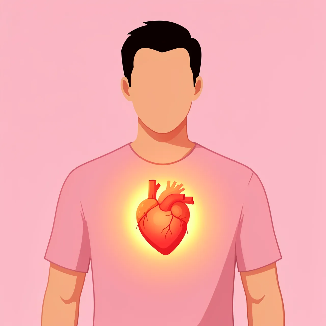 Faceless man in a pink shirt stands with a warm glowing anatomical heart centered on his chest against a pink background