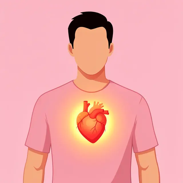 Faceless man in a pink shirt stands with a warm glowing anatomical heart centered on his chest against a pink background
