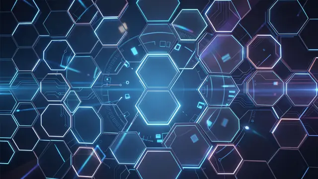 Symmetrical glowing neon hexagon grid with circuit details and light flares on a dark tech backdrop