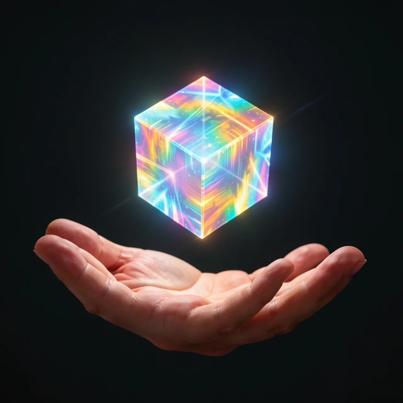 An open pair of upraised human hands holds a glowing iridescent hologram cube floating above the palms against a dark