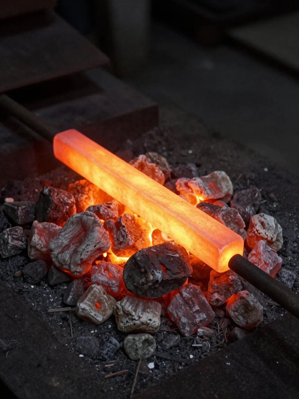 An orange-hot steel bar rests across glowing forge coals in a dark smithy
