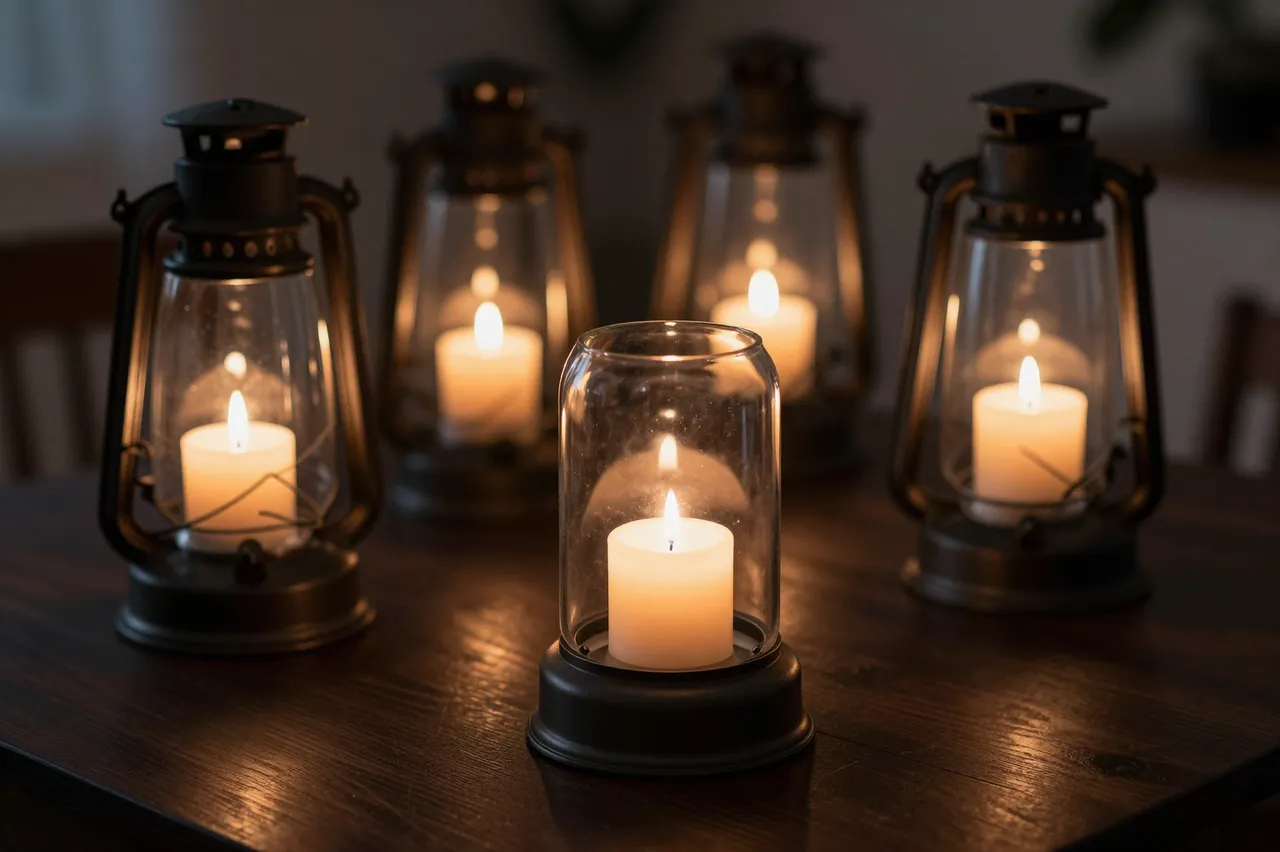 Lit candles inside glass hurricane lanterns sit arranged on a dark wooden table