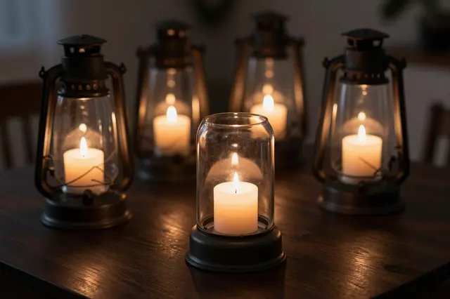 Lit candles inside glass hurricane lanterns sit arranged on a dark wooden table