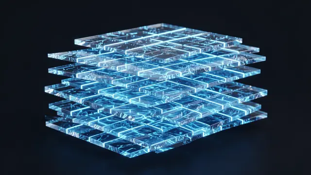 Stacked floating glowing transparent blue grid sheets against a dark background representing a deep learning concept