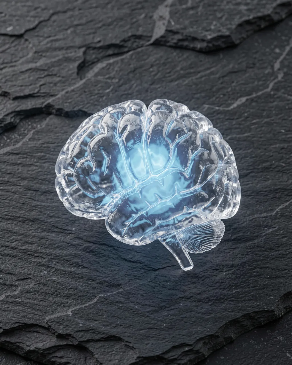 A transparent ice-carved brain with soft blue internal glow rests on dark cracked slate.
