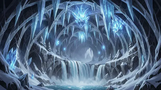 A vaulted fantasy ice cave lit by glowing blue crystals above a partially frozen waterfall