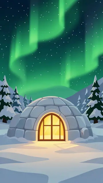 Warm glowing igloo sits under green northern lights in a snowy winter night landscape