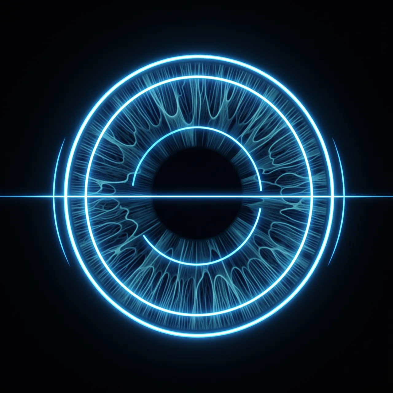 Digital eye iris with glowing blue scan lines against a dark black background