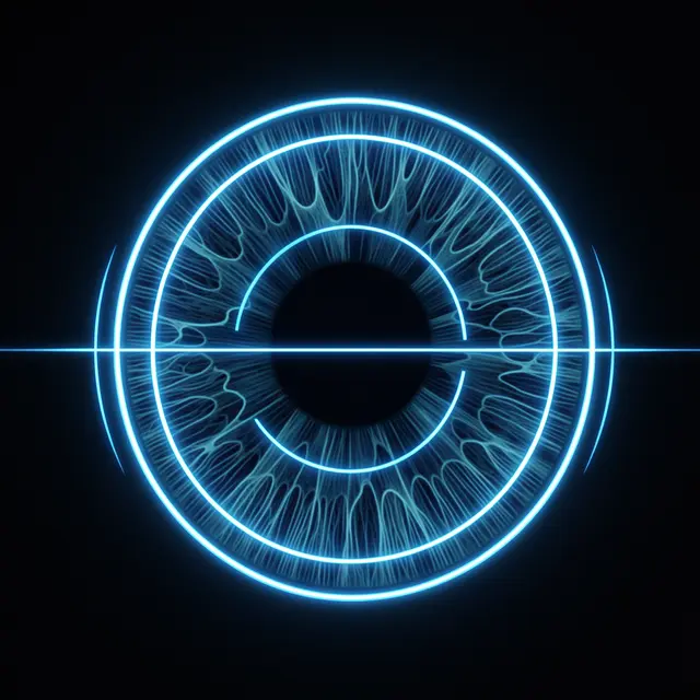 Digital eye iris with glowing blue scan lines against a dark black background