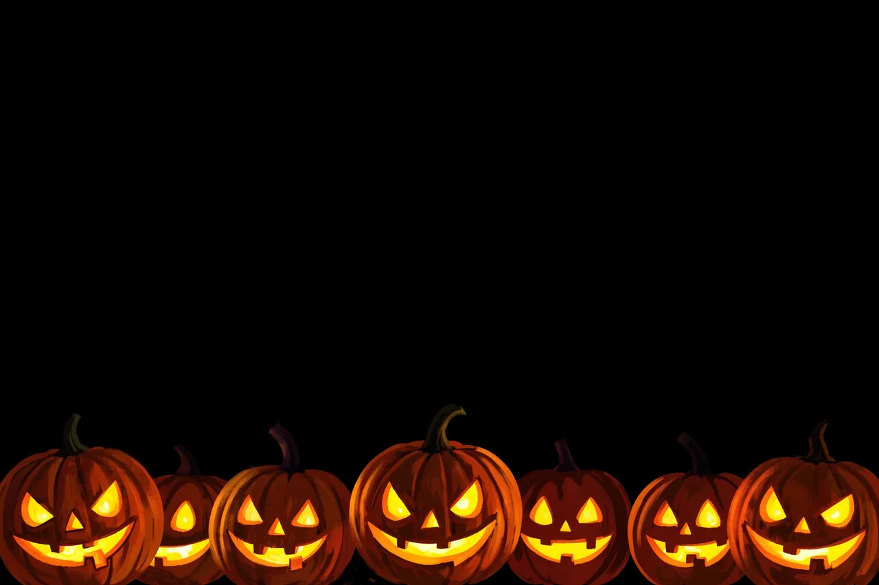 Row of lit carved jack-o'-lanterns lines the bottom edge of a solid black background with empty copy space above.