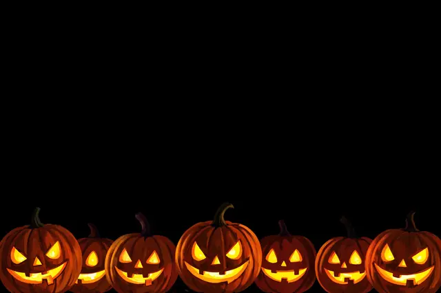 Row of lit carved jack-o'-lanterns lines the bottom edge of a solid black background with empty copy space above.