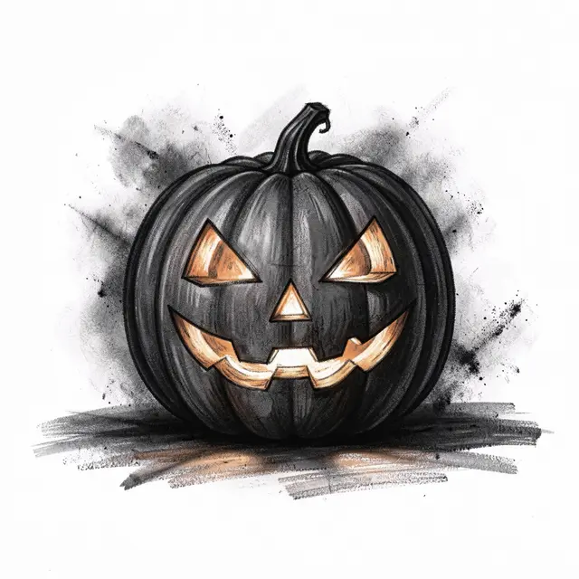 Charcoal sketch of a carved glowing jack-o'-lantern set against smudged white paper