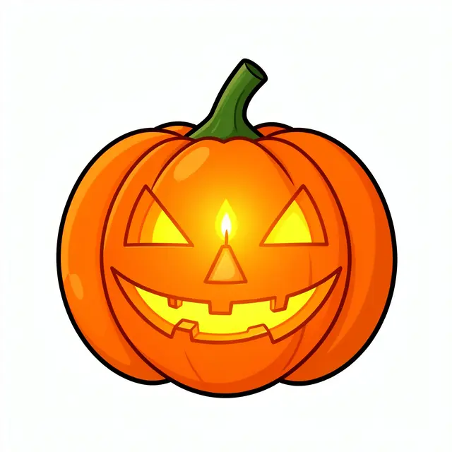Flat cartoon illustration of a grinning carved jack-o'-lantern with a lit candle inside, isolated on a plain white background