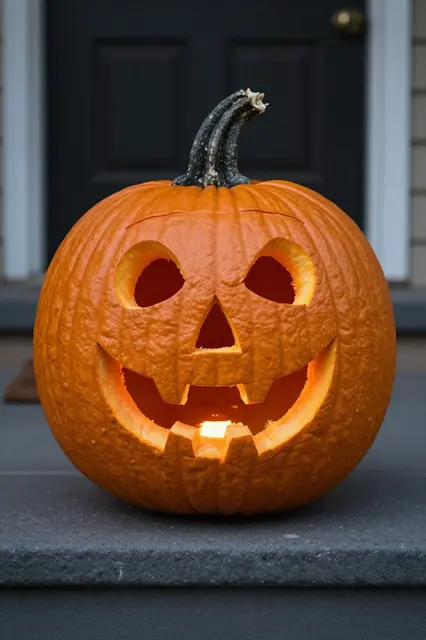 A lit carved jack-o'-lantern sits on a dark front porch step in front of a black entry door.