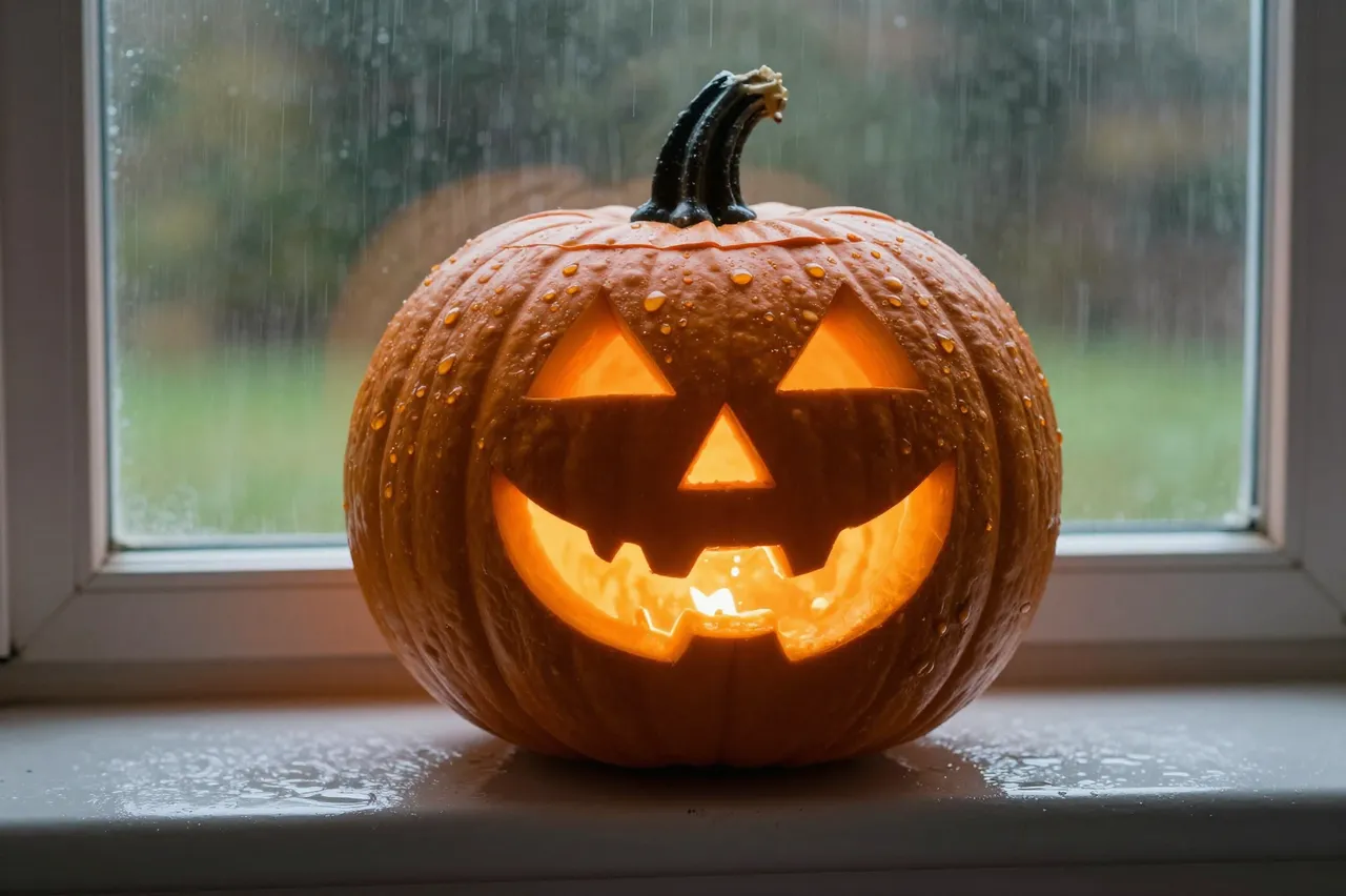A glowing carved jack-o'-lantern rests on a wet windowsill in front of a rain-streaked window.