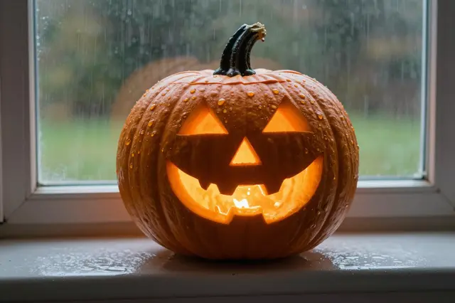 A glowing carved jack-o'-lantern rests on a wet windowsill in front of a rain-streaked window.