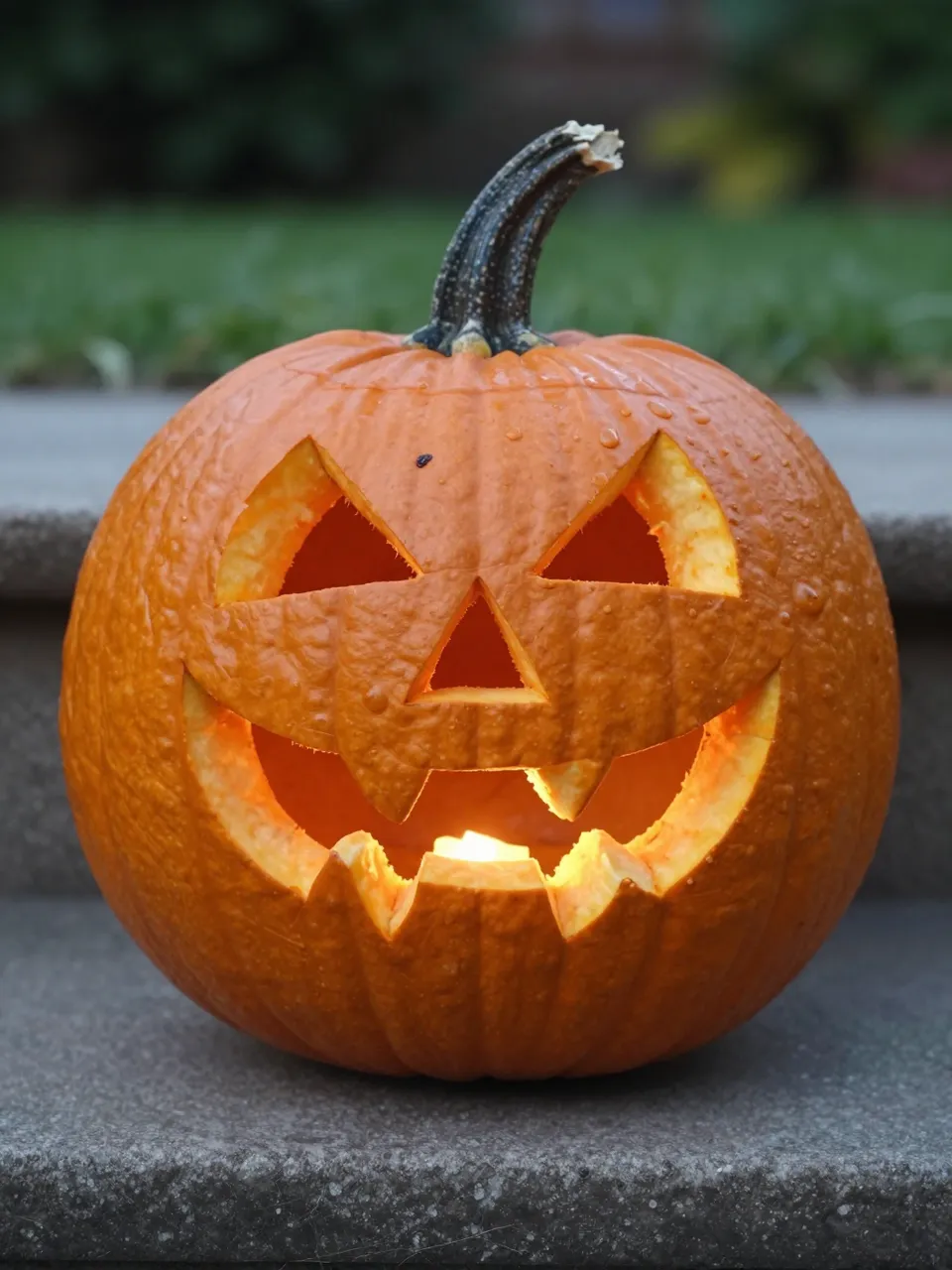 Lit carved jack-o'-lantern with rind teeth sits on a concrete garden step outdoors